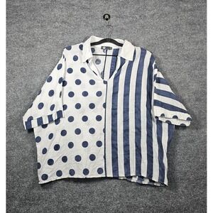 M Made In Italy Top Womens Small Polka Dot Stripe 100% Linen Lagenlook Boho